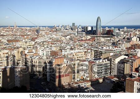 Stock Photograph - View of Barcelona and Agbar Tower; Barcelona, Catalonia, Spain. Fotosearch