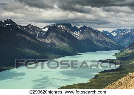 Stock Photograph - View of upper Twin Lake from a mountain ridge within Lake Clark National Park & Preserve, Alaska.. Fotosearch