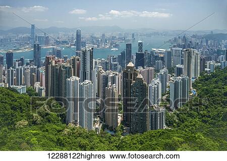 View of Victoria Harbour viewed from Victoria Peak, showing hundreds of skyscrapers nestled next to a wooded hillside; Hong Kong, China View Large Photo Image Stock Photograph - View of Victoria Harbour viewed from Victoria Peak, showing hundreds of skyscrapers nestled next to a wooded hillside; Hong Kong, China. Fotosearch