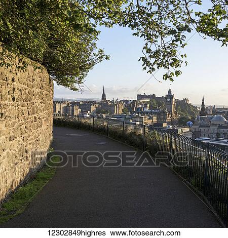 Stock Photograph - Walkway with stone wall and railing, Calton Hill; Edinburgh, Scotland. Fotosearch