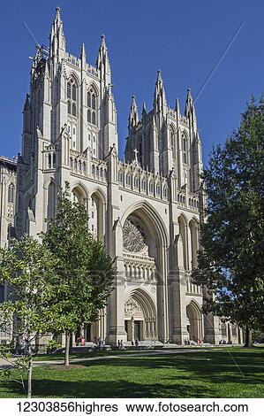 Stock Photograph - Washington National Cathedral, west facade of cathedral, built in Gothic Revival style required 83 years to complete and repair work resulting from 2011 earthquake visible on left tower; Washington, District of Columbia, United States of America. Fotosearch