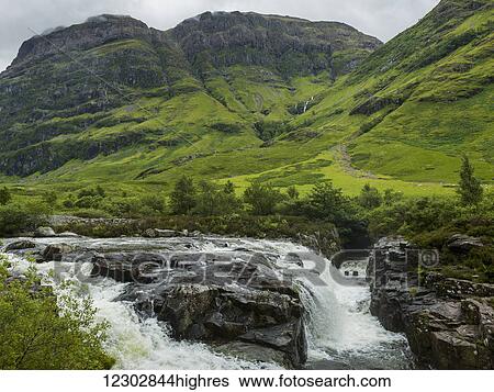 Stock Photograph - Water in a river rushing over rocks and lush grass in the hills; Scotland. Fotosearch