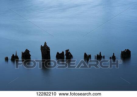 Stock Image - Water moves around old pilings on the Astoria riverfront; Astoria, Oregon, United States of America. Fotosearch