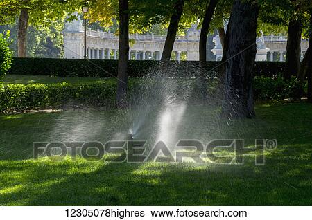 Stock Photograph - Water sprinkler on the lush green grass in El Retiro gardens; Madrid, Spain. Fotosearch