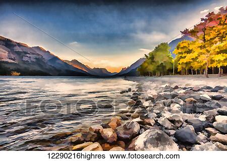 Waterton lake in autumn colours at sunset against the mountains, Waterton Lakes National Park; Alberta, Canada View Large Photo Image Stock Photograph - Waterton lake in autumn colours at sunset against the mountains, Waterton Lakes National Park; Alberta, Canada. Fotosearch