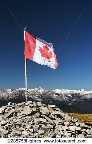 Stock Photograph - Well worn Canadian flag on wooden branch propped in a pile of rocks on top of a mountain with mountain range and blue sky in the background; Alberta, Canada. Fotosearch