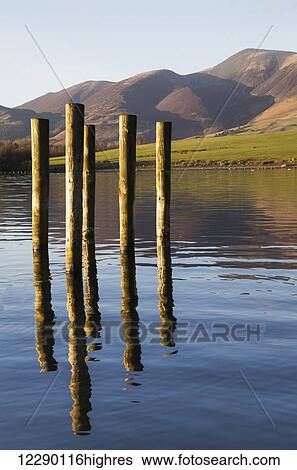 Stock Photograph - Wooden posts reflected in tranquil after with mountains the the background; Keswick, Cumbria, England. Fotosearch