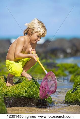 Stock Photograph - Young boy having fun on tropical beach, playing with fishing net. Fotosearch