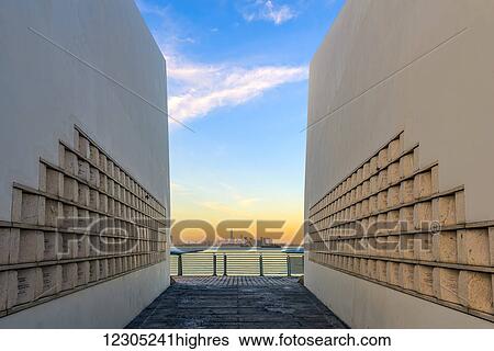 Stock Photograph - 9/11 Postcards Memorial at sunset, North Shore Esplanade; Staten Island, New York, United States of America. Fotosearch