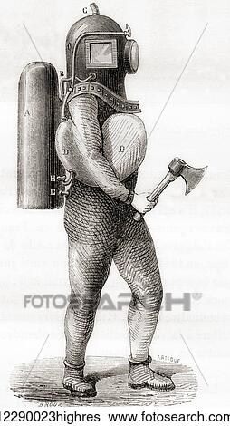 Stock Photograph - A 19th century American deep sea diving suit. From Les Merveilles de la Science, published c. 1870. Fotosearch