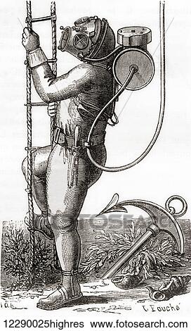 Stock Photograph - A 19th century deep sea diver wearing rubber coated diving suit with helmet and tank regulator. From Les Merveilles de la Science, published c. 1870. Fotosearch