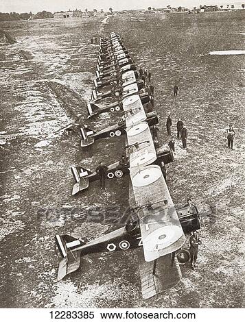 Stock Photography - A British bombing squadron drawn up at St. Omer, France during World War I. From The Story of 25 Eventful Years in Pictures, published 1935.. Fotosearch