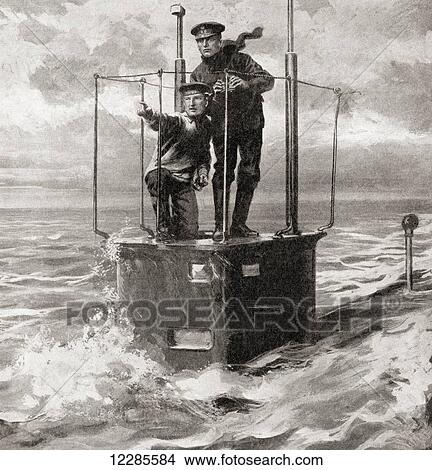 A British naval captain and one of his crew on the conning tower of a submarine during WWI. From The War Illustrated Album Deluxe, published 1915. View Large Photo Image Picture - A British naval captain and one of his crew on the conning tower of a submarine during WWI. From The War Illustrated Album Deluxe, published 1915.. Fotosearch