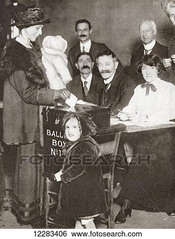 Stock Photograph - A British woman voting for the first time in the General Election of 1918. From The Story of 25 Eventful Years in Pictures, published 1935.. Fotosearch