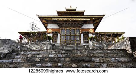 Stock Photograph - A building and steps on Dochula Pass; Dochula, Thimphu, Bhutan. Fotosearch