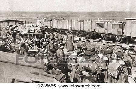 Stock Photography - A Bulgarian transport arriving in Serbia, on the Eastern Front, during World War One. From The Pageant of the Century, published 1934. Fotosearch