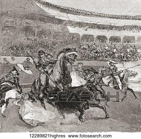 Stock Photograph - A bullfight in Seville, Spain in the 19th century. From The Century Illustrated Monthly Magazine, published 1884.. Fotosearch