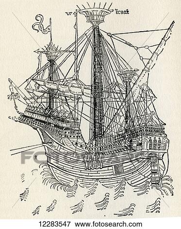 A carrack or nau, three or four-masted sailing ship from about 1470. From The Romance of the Merchant Ship, published 1931. View Large Photo Image Stock Photo - A carrack or nau, three or four-masted sailing ship from about 1470. From The Romance of the Merchant Ship, published 1931.. Fotosearch