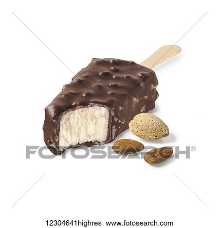 Stock Photograph - A chocolate covered ice cream treat with a almonds on a white background; Toronto, Ontario, Canada. Fotosearch