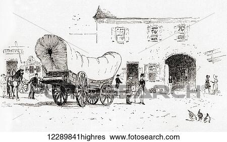 Stock Photograph - A Conestoga wagon in the Bull's Head yard, Philadelphia, United States of America. From The Century Illustrated Monthly Magazine, published 1884.. Fotosearch
