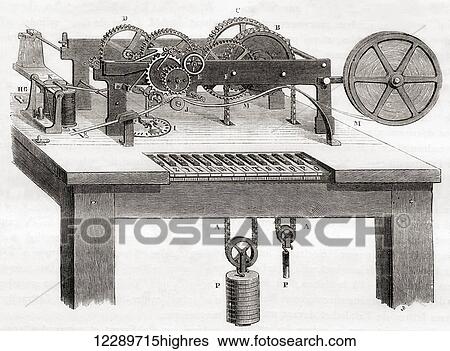 Stock Photograph - A David Edward Hughes, 1831 1900, telegraphic printing machine. From Les Merveilles de la Science, published c. 1870. Fotosearch