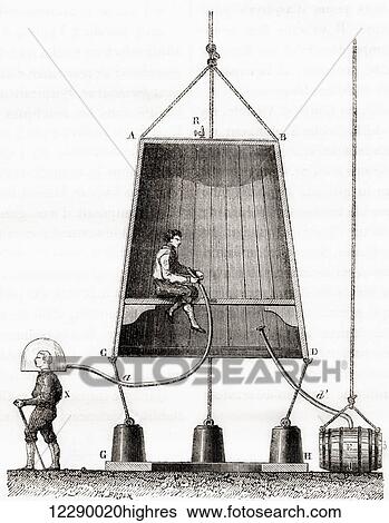 Stock Photograph - A diving bell built by Halley in 1691. Edmond or Edmund Halley, 1656 1742. English astronomer, geophysicist, mathematician, meteorologist and physicist. From Les Merveilles de la Science, published c. 1870. Fotosearch