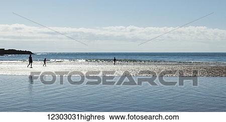 Stock Photograph - A family walks on the rocky Cruden Bay Beach; Aberdeenshire, Scotland. Fotosearch