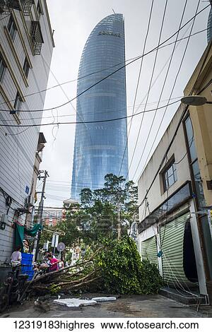 Stock Photograph - A few hours after super typhoon Merapi passed through Xiamen, it generated mass damage throughout the city; Xiamen, Fujian province, China. Fotosearch