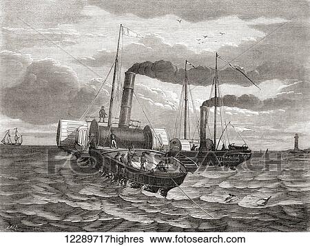 A first attempt in 1850 by John Watkins Brett's Anglo-French Telegraph Company to lay the first line under the English Channel, from Dover to Calais, using the converted tugs Goliath and Widgeon. From Les Merveilles de la Science, published c. 1870 View Large Photo Image Stock Photograph - A first attempt in 1850 by John Watkins Brett's Anglo-French Telegraph Company to lay the first line under the English Channel, from Dover to Calais, using the converted tugs Goliath and Widgeon. From Les Merveilles de la Science, published c. 1870. Fotosearch