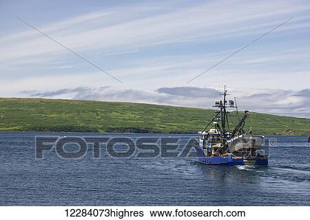 Stock Photograph - A fishing boat carrying a skiff motors out of Sand Point Harbor, Southwest Alaska, USA, Summer. Fotosearch
