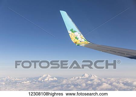 Stock Photograph - A Floral Painted Airplane wingtip flies above Snow covered Peaks, Anchorage, Southcentral Alaska, USA, Summer. Fotosearch