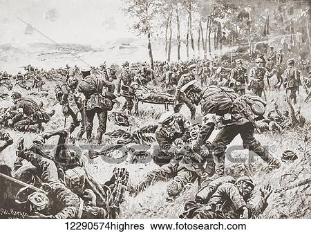 Stock Photograph - A German ambulance corps in action on a battlefield during WWI. From Illustrierte Geschichte des Weltfrieges1914/15.. Fotosearch