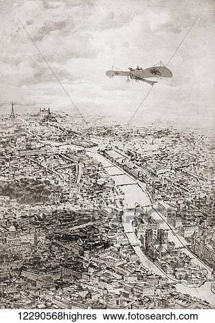 Stock Photograph - A German aviator flying over Paris, France during WWI. From Illustrierte Geschichte des Weltfrieges1914/15.. Fotosearch