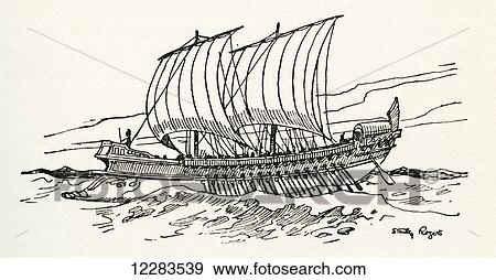 Stock Photo - A Greek Bireme, ancient oared warship, or galley, with two decks of oars. From The Romance of the Merchant Ship, published 1931.. Fotosearch