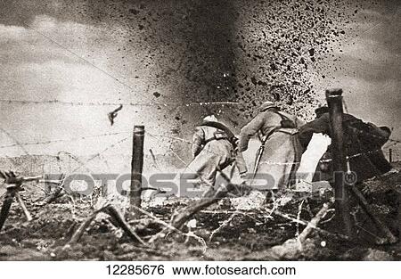 Stock Photograph - A high explosive shell exploding over French troops during World War One. From The Pageant of the Century, published 1934. Fotosearch