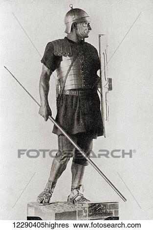 Stock Photograph - A life size model of a Roman infantryman holding a pilum (spear) in his right hand, with the point to the rear. From A Book of Ancient Peoples, published 1931.. Fotosearch