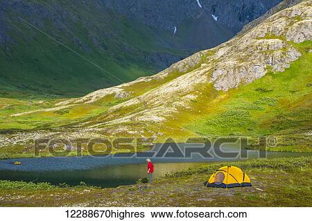 Stock Photograph - A man at his campsite at Hanging Valley in South Fork near Eagle River on a summer day in South Central Alaska.. Fotosearch