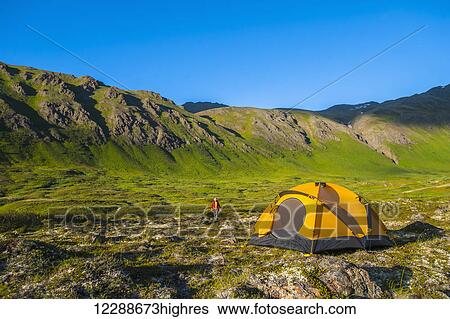 Stock Photograph - A man at his campsite at Hanging Valley in South Fork near Eagle River on a summer day in South Central Alaska.. Fotosearch