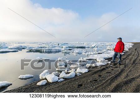 Stock Photograph - A man at the shore of the Arctic Ocean looking out towards the sun setting through dense fog, Barrow, North Slope, Arctic Alaska, USA, Summer. Fotosearch