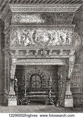 Stock Photograph - A Renaissance fireplace in The Cluny Museum, Paris, France. From Les Merveilles de la Science, published c. 1870. Fotosearch