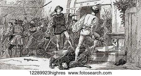 A scene from William Shakespeare's play Romeo and Juliet, Act III, scene 1. Tybalt killed by Romeo. Illustration by Gordon Browne. From The Works of William Shakespeare, published 1896. View Large Photo Image Stock Photograph - A scene from William Shakespeare's play Romeo and Juliet, Act III, scene 1. Tybalt killed by Romeo. Illustration by Gordon Browne. From The Works of William Shakespeare, published 1896.. Fotosearch
