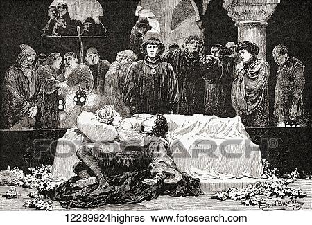 A scene from William Shakespeare's play Romeo and Juliet, Act V, scene 3. Prince: For never was a story of more woe than this of Juliet and her Romeo. Illustration by Gordon Browne. From The Works of William Shakespeare, published 1896. View Large Photo Image Stock Photograph - A scene from William Shakespeare's play Romeo and Juliet, Act V, scene 3. Prince: For never was a story of more woe than this of Juliet and her Romeo. Illustration by Gordon Browne. From The Works of William Shakespeare, published 1896.. Fotosearch
