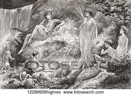 Stock Photograph - A scene from William Shakespeare's play A Midsummer Night's Dream, Act II, scene 1. Titania: Set your heart at rest: The fairy land buys not the child of me. Illustration by Gordon Browne. From The Works of William Shakespeare, published 1896.. Fotosearch