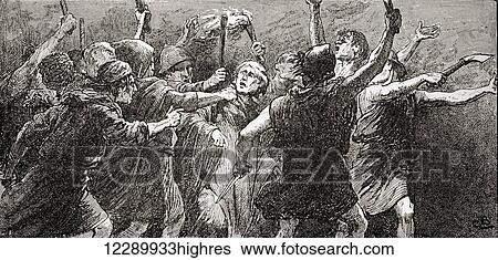 Stock Photograph - A scene from William Shakespeare's play Julius Caesar, Act III, scene 3. Third citizen: Tear him, tear him. Illustration by Gordon Browne. From The Works of William Shakespeare, published 1896.. Fotosearch