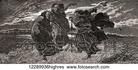 Stock Photograph - A scene from William Shakespeare's play Macbeth, Act I, scene I. First Witch: When shall we three meet again, in thunder, lightening or in rain? Illustration by Gordon Browne. From The Works of William Shakespeare, published 1896.. Fotosearch