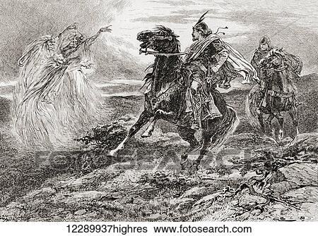 Stock Photograph - A scene from William Shakespeare's play Macbeth, Act I, scene 3. First Witch: All hail, Macbeth! hail to thee, thane of Glamis. Illustration by Gordon Browne. From The Works of William Shakespeare, published 1896.. Fotosearch