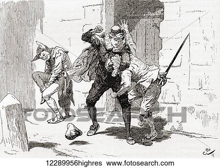 Stock Photograph - A scene from William Shakespeare's play Twelfth Night. Act IV, scene 1. Sebastian (beating Sir Andrew): Why, there's for thee, and there, and there! Illustration by Gordon Browne. From The Works of William Shakespeare, published 1896.. Fotosearch