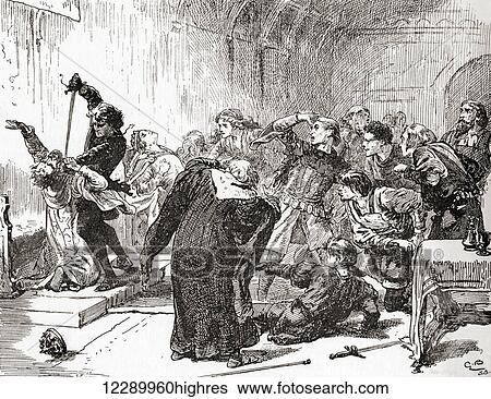 Stock Photograph - A scene from William Shakespeare's play Hamlet. Act V, scene 2. Hamlet: The point envenom'd too! Then, venom, to thy work. (Stabs the king). Illustration by Gordon Browne. From The Works of William Shakespeare, published 1896.. Fotosearch