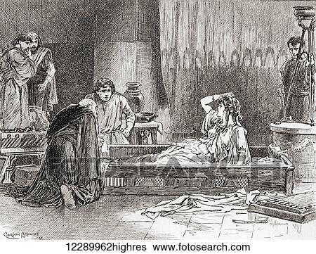 Stock Photograph - A scene from William Shakespeare's play Pericles, Prince of Tyre. Act III, scene 2. Thaisa: O, dear Diana, where am I? Where's my lord? What world is this? Illustration by Gordon Browne. From The Works of William Shakespeare, published 1896.. Fotosearch