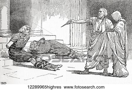 Stock Photograph - A scene from William Shakespeare's play Titus Andronicus. Act V, scene 2. Titus: Come, come, Lavinia, look, thy foes are bound. Illustration by Gordon Browne. From The Works of William Shakespeare, published 1896.. Fotosearch
